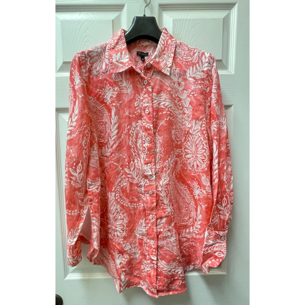Talbots Women's Large Linen Pink Paisley Boyfriend Long Sleeve Button-Up Shirt - Picture 2 of 15